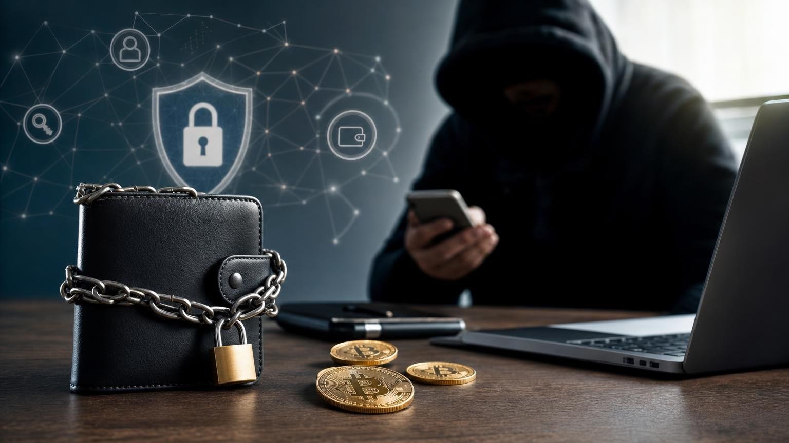 A crypto wallet owner verifies a public deposit address while keeping the seed phrase and private key securely offline